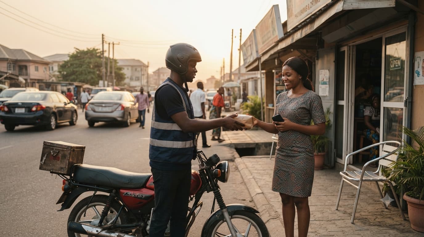 A modern Lagos street with a delivery rider and buyer completing a transaction